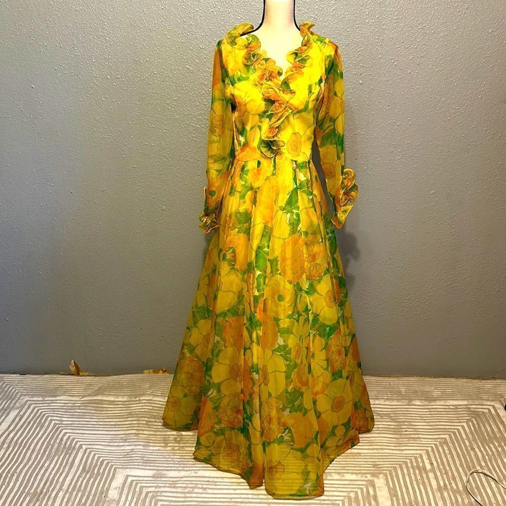 Coco California vintage yellow and green floral maxi dress. No size tag.